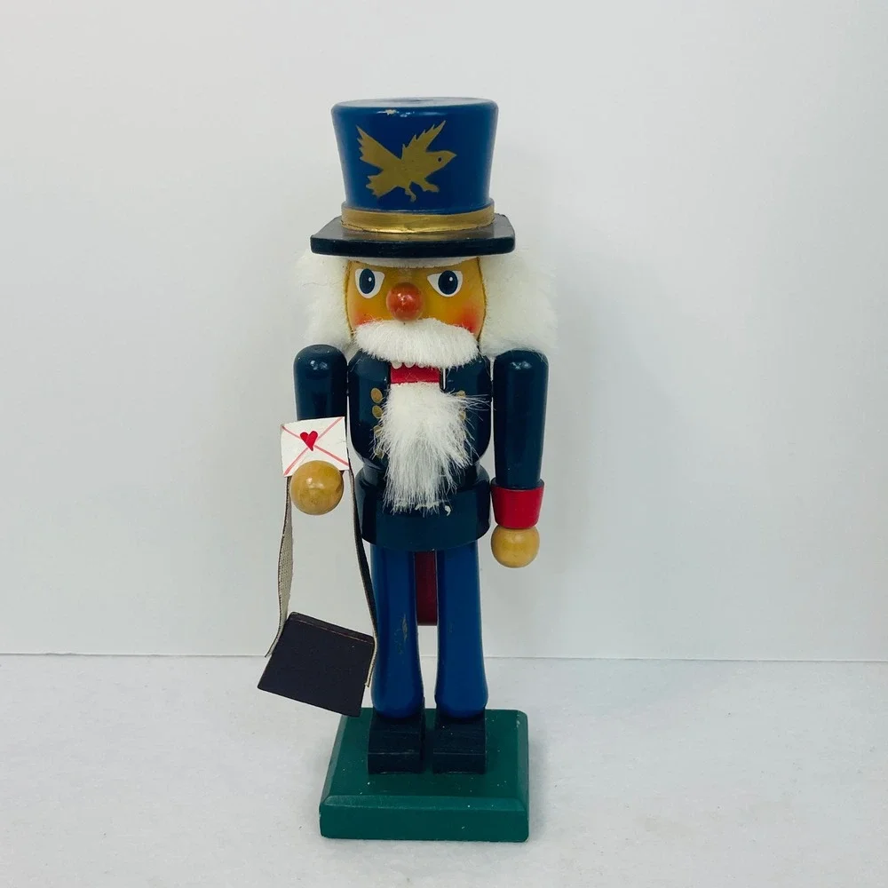 Vintage Wooden Mailman Nutcracker Postman with Letter and Mail Bag 10 Inch Blue